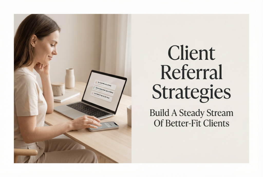 Client Referral Strategies featured image showing a freelancer reviewing warm client referrals at her desk