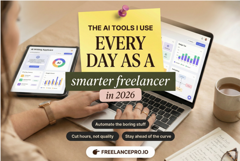 A freelancer working on a laptop and tablet showing AI tool dashboards, with a yellow sticky note reading "The AI Tools I Use Every Day as a Smarter Freelancer in 2026" and the FreelancePro.io branding.