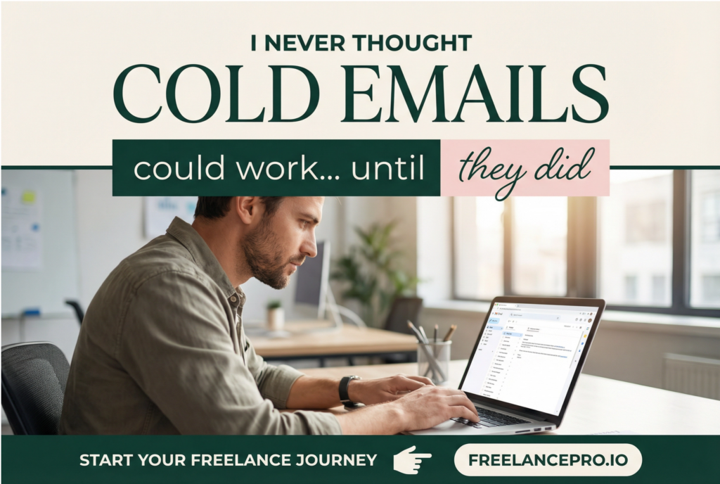 A professional freelancer working on a laptop with an email interface, featuring a top banner that reads "I Never Thought Cold Emails Could Work... Until They Did"