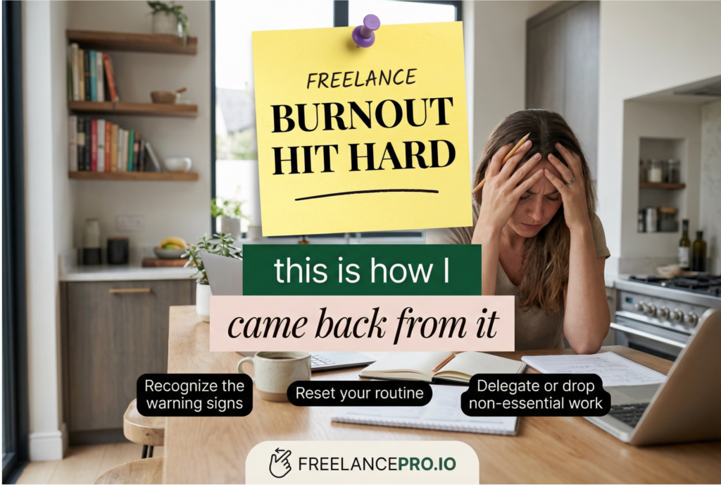 A stressed female freelancer with her head in her hands in a modern kitchen setting, featuring a yellow sticky note that reads "Freelance Burnout Hit Hard" and a guide on how she came back from it.