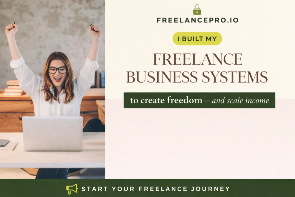 Freelancer celebrating success after building freelance business systems to create freedom and scalable income using freelance business systems