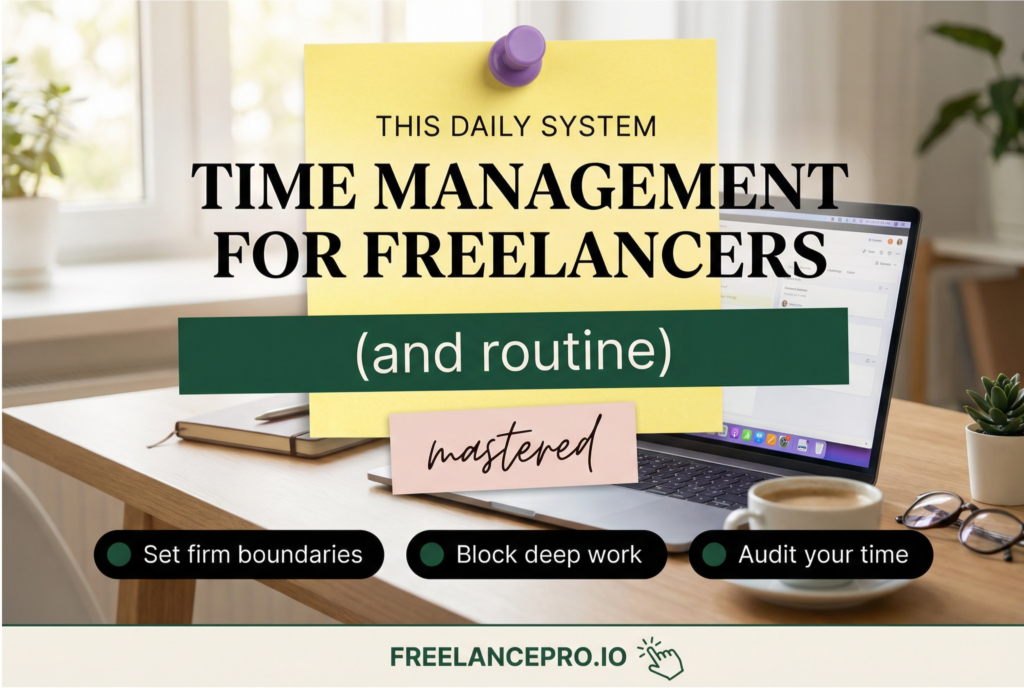 Time management for freelancers daily system showing productivity habits like deep work blocks, setting boundaries and auditing your time.