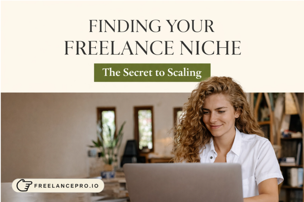 A professional freelancer with curly hair working on a laptop in a modern home office, with a split-screen design featuring the text "Finding Your Freelance Niche" and "The Secret to Scaling" in olive green and cream.