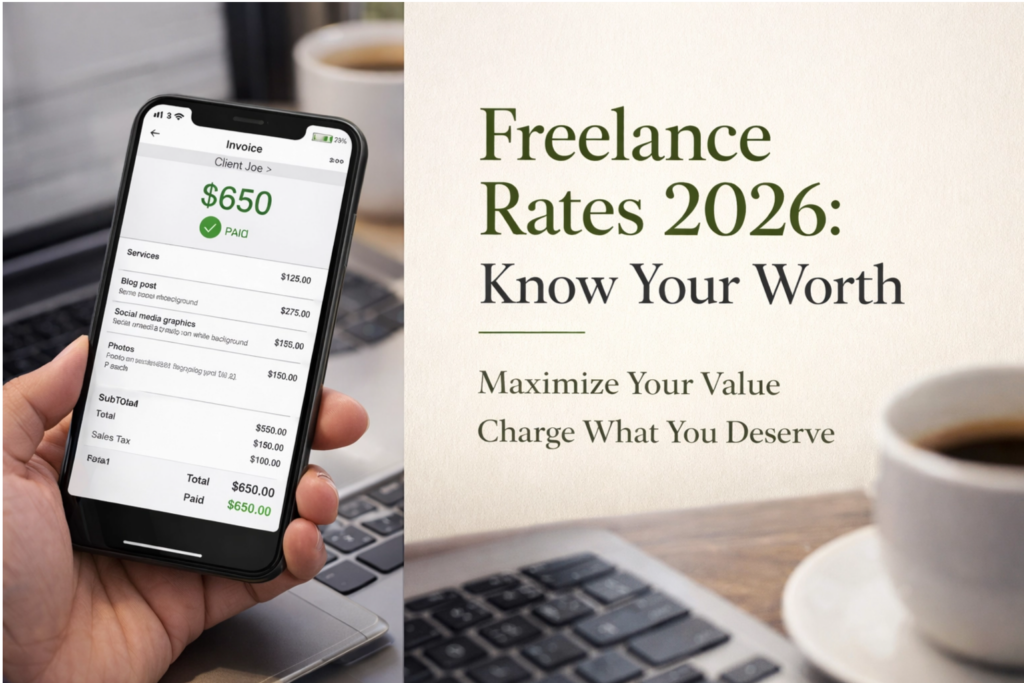 Smartphone showing paid invoice with $650 total beside text Freelance Rates 2026 Know Your Worth
