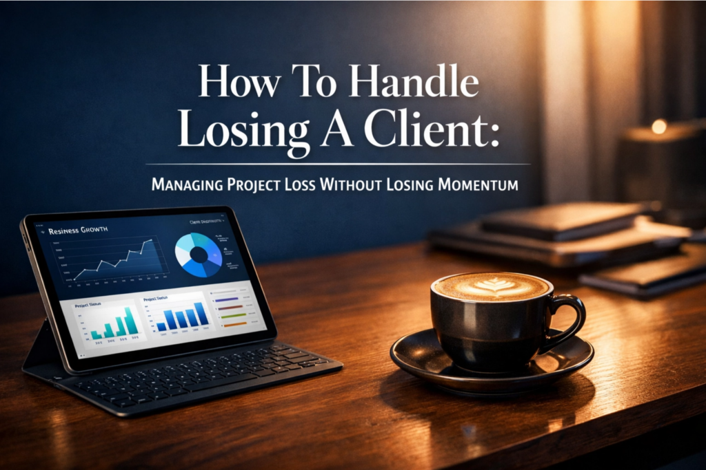 Tablet showing business growth charts beside coffee cup with text about handling losing a client