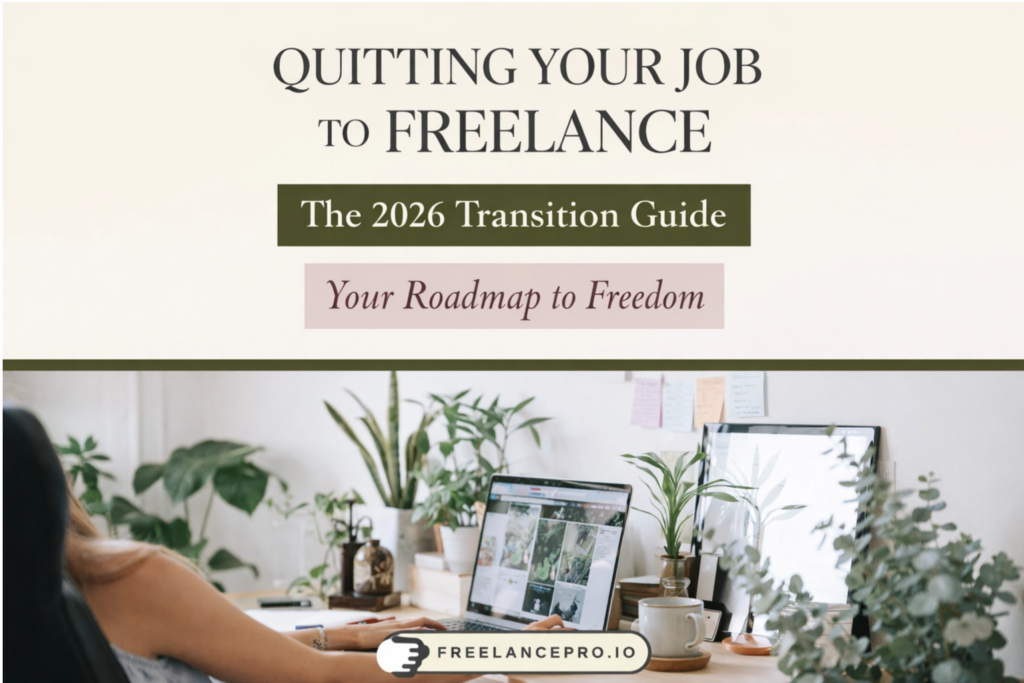 Quitting your job to freelance full-time transition guide showing home office workspace setup