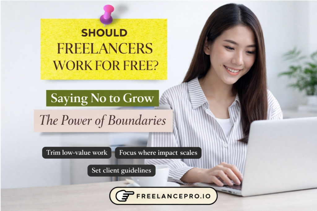 Freelancer working on laptop with text Should Freelancers Work For Free and Saying No to Grow