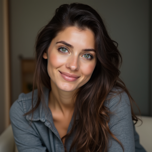 Portrait of our founder smiling, with long brown hair and green eyes, wearing a grey shirt in a softly lit indoor setting.