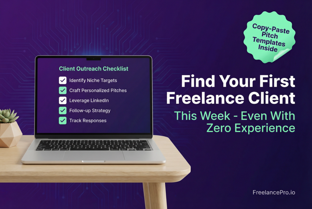 Laptop screen showing a client outreach checklist for finding your first freelance client this week - Concept 4 mockup style on purple background