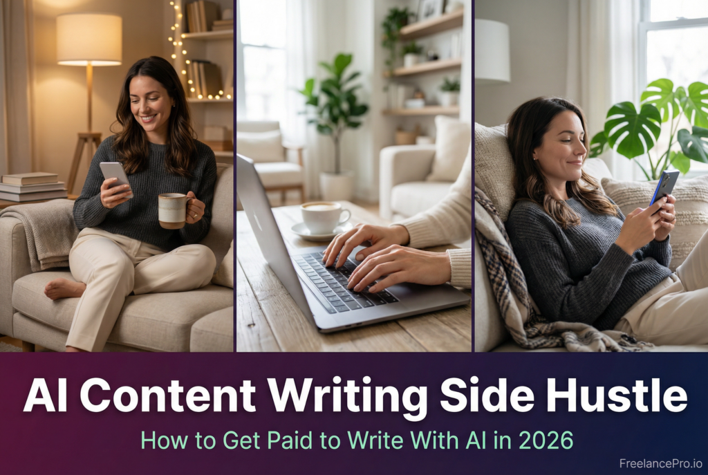 Woman working from home on an AI content writing side hustle - relaxed on sofa with phone, coffee and laptop