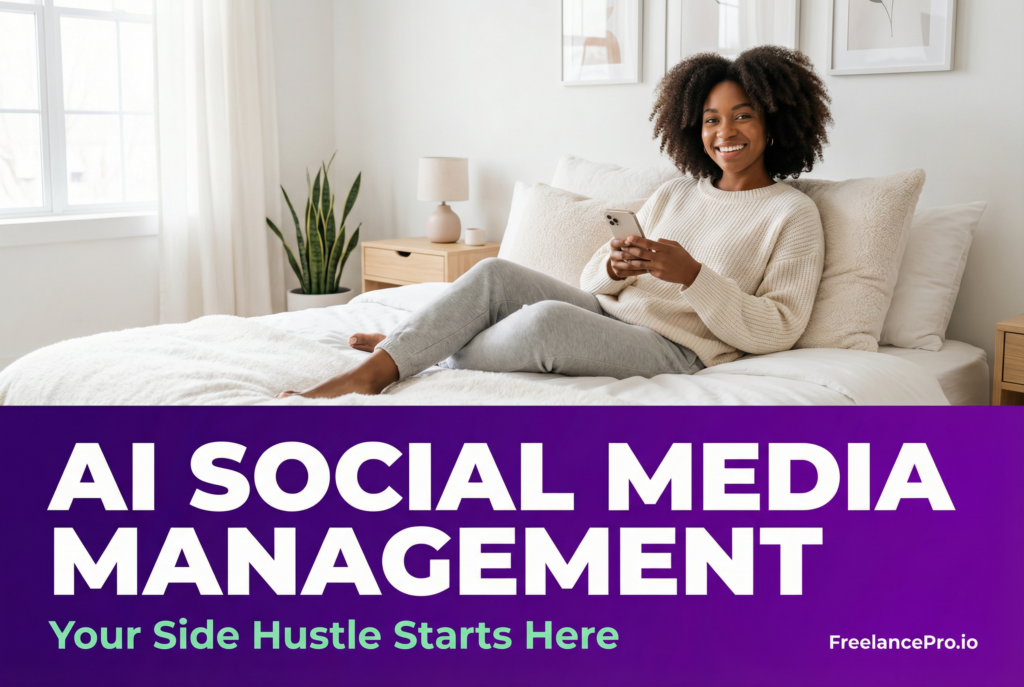 Young woman reclining on a bed with a phone managing AI social media management for her freelance side hustle