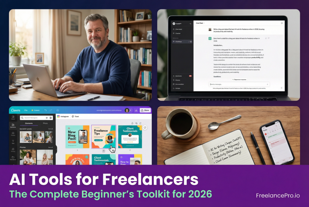 White male freelancer in his late 40s working from home on AI tools for freelancers - ChatGPT and Canva screens visible on laptop