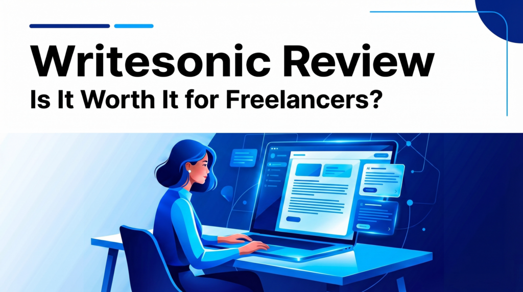 Editorial featured image for a Writesonic review showing a freelancer using AI writing software at a laptop in a vivid blue workspace