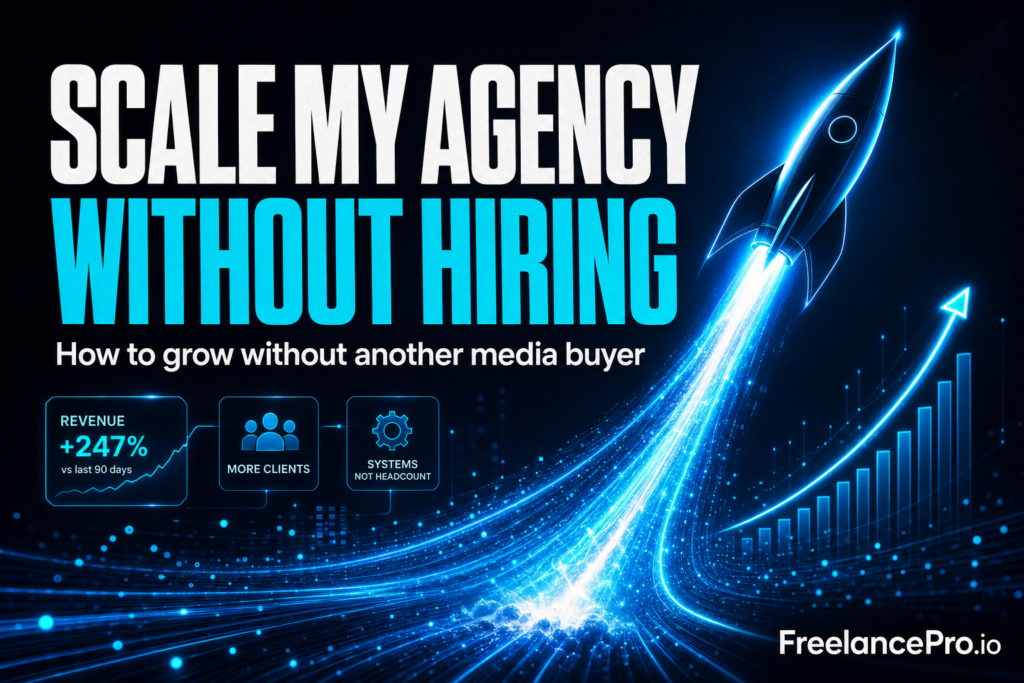 Scale my agency - rocket launching with electric blue data streams representing autonomous agency growth