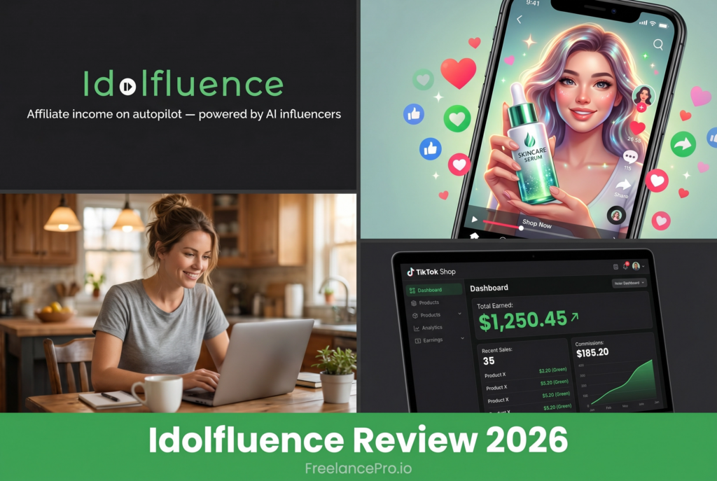 Idolfluence review 2026 collage showing the Idolfluence logo, an AI influencer promoting a product on TikTok, a woman working from her kitchen table on a laptop and a TikTok Shop affiliate commission dashboard