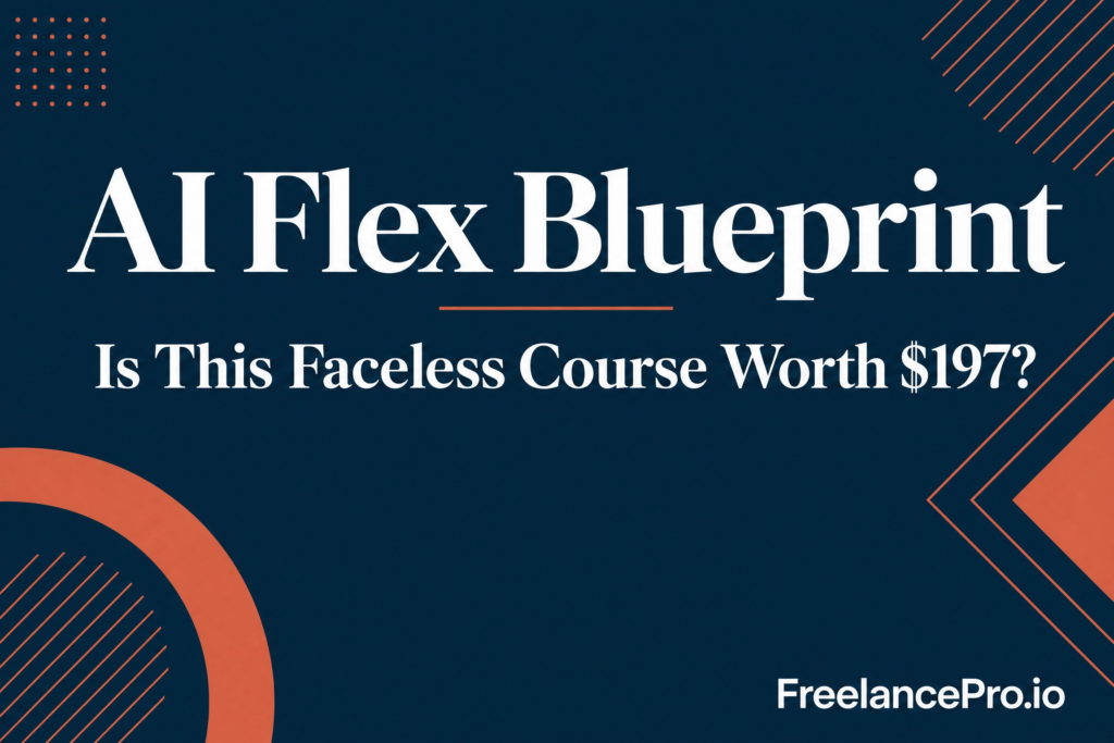 AI Flex Blueprint review graphic asking Is This Faceless Course Worth $197 on a navy background with coral accents and FreelancePro.io branding